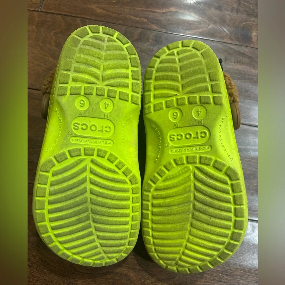 CROCS Kids Neon Green SHREK Clog with Brown Fleece Lining